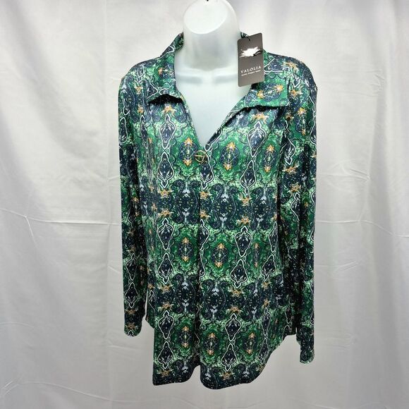 Tops - Valolia Green Blue Orange Paisley Print V-Neck Tunic Blouse Shirt XL